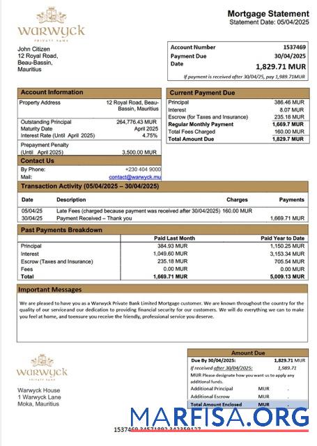 Printable Mauritius Warwyck Private Bank Limited mortgage statement Word and PDF template